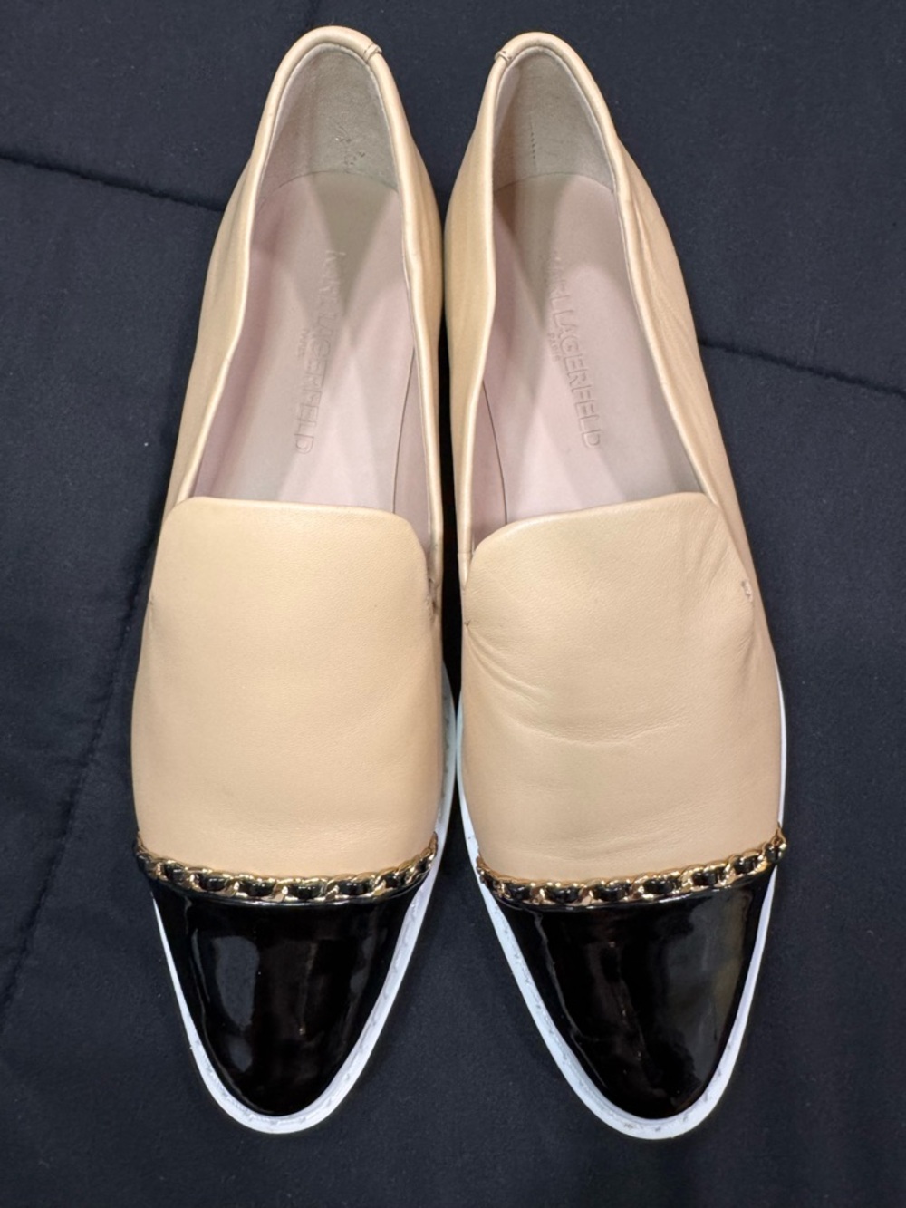 Karl Lagerfeld Paris Slip-On Loafers Beige Black Cap Toe Chain Women’s Shoes